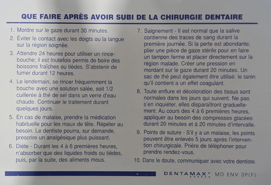 Oral Surgery Instruction Envelopes—French with English Translation Template (500 Pack) ENV-3PF