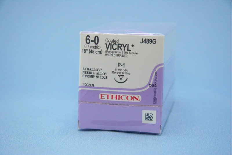 SUTURE  #J489G Ethicon Vicryl Undyed P-1 6/0 18" (12)